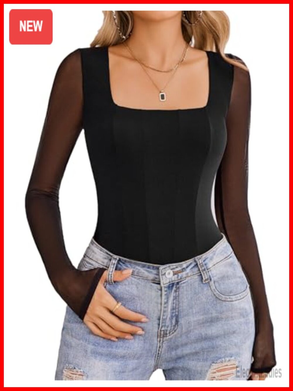 Long Sleeve Square Neck Bodysuit Mesh Leotard Top Double Lined